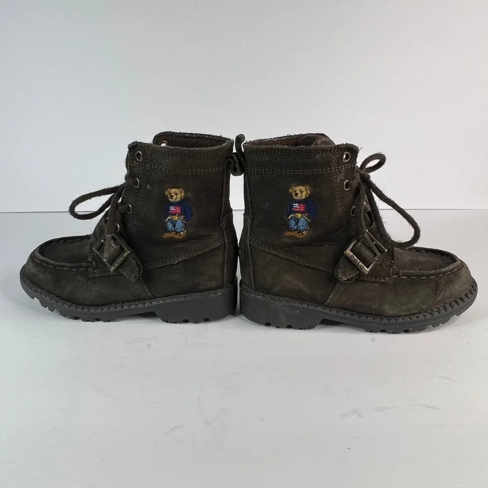 Kids Polo Ralph Lauren Ranger High Brown Leather Bear Embroidery Boots‎ Size 8.5